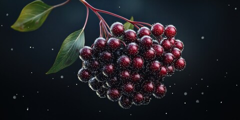 Realistic 3D Icon Cartoon of A Floating Elderberry Cluster with Tiny Sparkles on a Dark Mystical Background