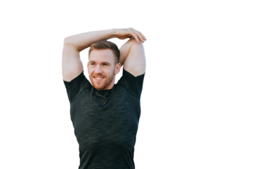 man stretches in the park, his face calm and focused against transparent background