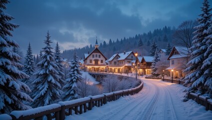 Fototapeta premium Snowy village street illuminated by warm lights during winter evening with towering trees in background