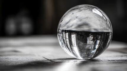 Obraz premium A clear glass ball is sitting on a table. The ball is reflecting the light from the window