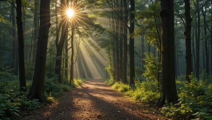 Obraz premium Sunlight Streaming Through Trees Along a Serene Forest Path in the Early Morning