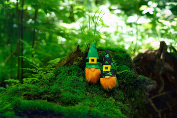 toy irish gnomes in mystery forest, abstract green natural background. cute magic friends dwarfs,...