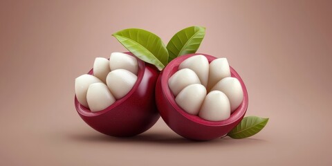 Realistic 3D Icon Cartoon of A Fresh Mangosteen with White Juicy Segments