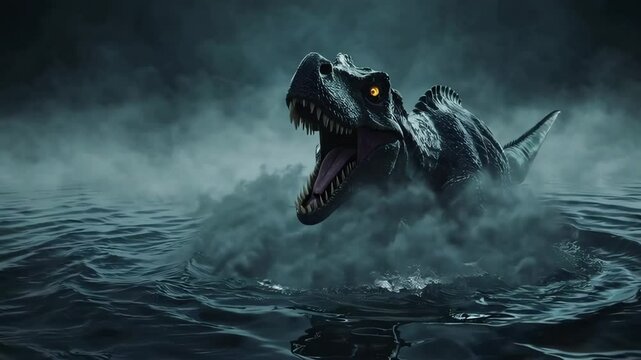 A prehistoric sea creature emerges from dark waters, surrounded by mist and mystery