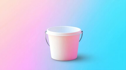 Empty white plastic bucket with metal handles against a pastel gradient background.