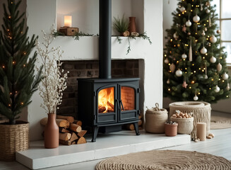 warm and inviting black wood-burning stove sits in a cozy living room with a decorated christmas tree