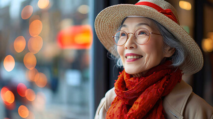 Joyful elderly Asian woman in a vibrant hat and scarf, perfect for fashion-related campaigns, lifestyle blogs, or content celebrating aging positively.