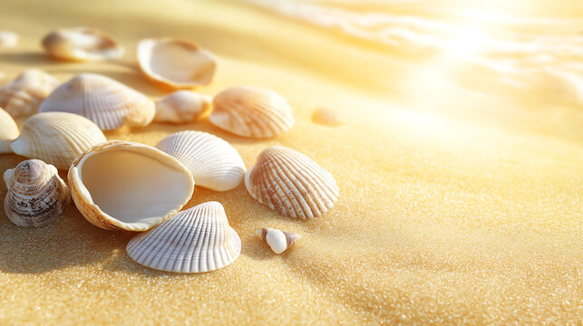 Close-up shot beautiful seashells scattered on beach sand.