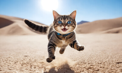 Obraz premium Funny cat playing on beach. Playful kitten jumping running. Animals