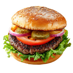 Classic Hamburger with Lettuce Tomato and Pickles Isolated on Transparent Background