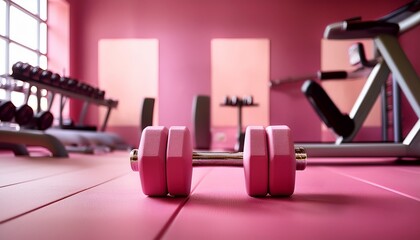 A pink color dumbbell in a pink color gym and pink flooring; fitness and exercising; health and exercise; gym membership; pink gym surrounding
