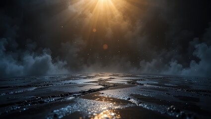 Surreal Landscape with Reflection and Dramatic Lighting Beneath Dark Clouds and Rays of Sun