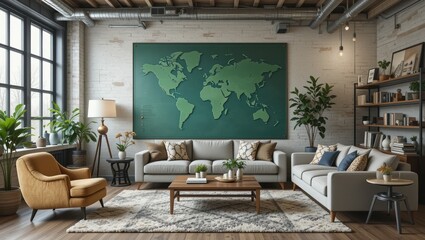 Cozy Modern Living Room with Green World Map and Stylish Furniture in Urban Apartment