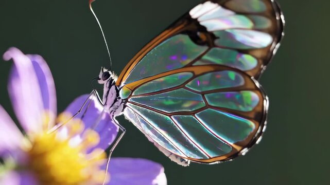 Close-up of a glasswing butterfly on a purple flower, showing its transparent, iridescent wings