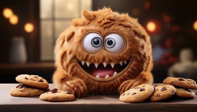 A cookie monster; a monster character made from a cookie with goggly eyes; a 3D animation of a creature cartoon as a cookie monster; funny and funky; chocolate chip cookie monster character
