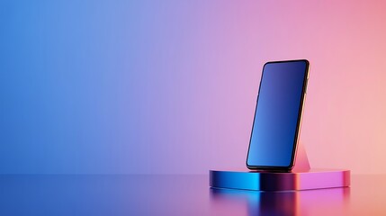 Smartphone on a colorful geometric stand against a vibrant gradient background.