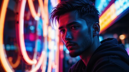 Stylish Young Man in Neon Lights with Urban Background at Night in a Modern City Environment