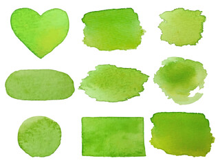 Vector set of watercolor stains of green color, hand drawn with watercolor brush. Isolated simple backgrounds for stickers and design elements