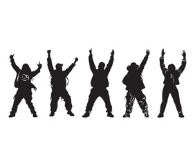 Obraz premium Crowd cheering with raised hands silhouette. Celebration silhouettes the joy of success. A cheerful group illustration