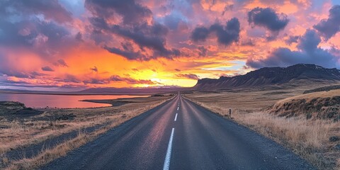 Sun-kissed asphalt stretches infinitely ahead, bisected by a striking white line; vibrant skies mirror above, enhancing its allure