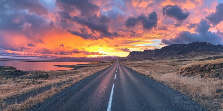 Sun-kissed asphalt stretches infinitely ahead, bisected by a striking white line; vibrant skies mirror above, enhancing its allure