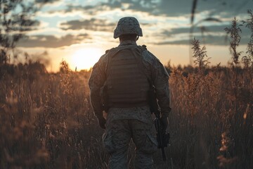 Soldier wearing camouflage and carrying a rifle stands in tall grass at sunset