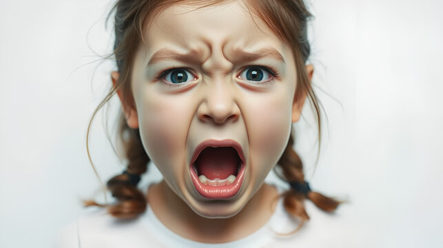 Unexpected sound makes emotional teenage girl flinch and scream on white background. Eyes of child filled with fear and confusion slow motion