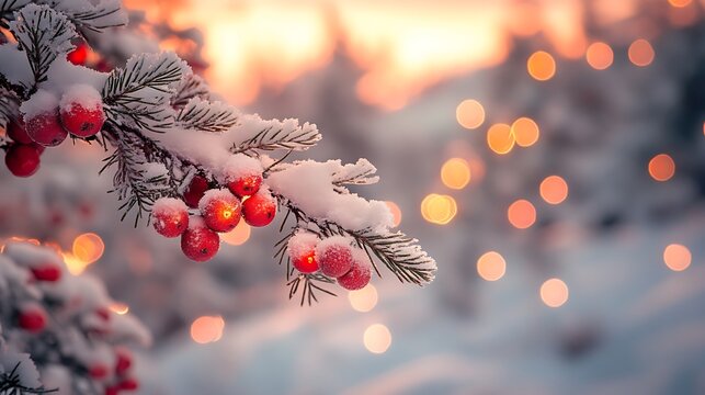 Snow-covered branch with red berries at sunset.