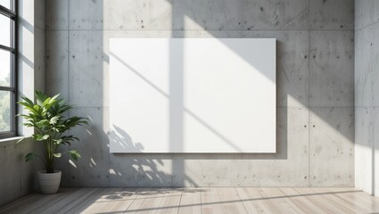 Minimalist Interior Space Featuring Blank Canvas on Concrete Wall with Natural Light and Plant