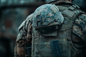Soldier carrying helmet on back during military operation, demonstrating readiness and vigilance