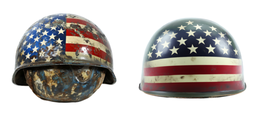 Pair of vintage military helmets with American flag