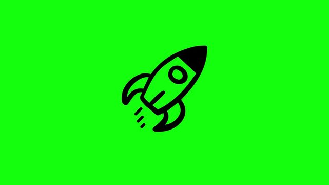 The pixel rocket flies on a green background. It's a pixel-art looped animation. chroma key.Green screen background