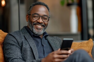 Happy mature executive is using mobile phone while relaxing on comfortable sofa in modern office lounge