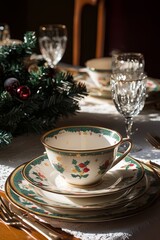 Table with a white and green tea set and a Christmas tree decoration. The table is set for a special occasion