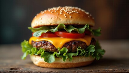 A close-up of a delicious, freshly made hamburger with a sesame seed bun, cheese, lettuce, tomato, onion, and spinach, creating a mouth-watering meal. Generative, AI,