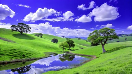 Serene landscape with lush green hills, trees, and a reflective pond under a vibrant blue sky.