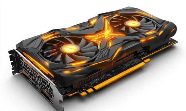 Modern graphics card with glowing fans on white background for tech ads