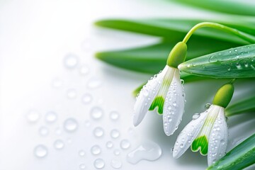 Delicate snowdrop flowers with water droplets on green leaves