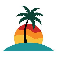 Illustration of a tropical island with palm tree and sunset on white background