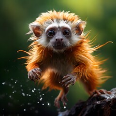 Obraz premium A vibrant and fantastical image of an expressive golden and white monkey with spiky fur, set against a scenic jungle backdrop with lush green foliage.