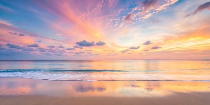 Pastel sunset over calm ocean waves on sandy beach.