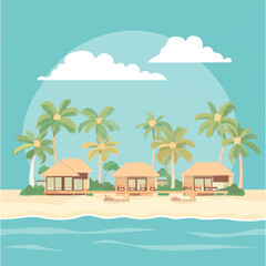 Obraz premium A flat 2D vector of a tropical beach resort with huts and palm trees.