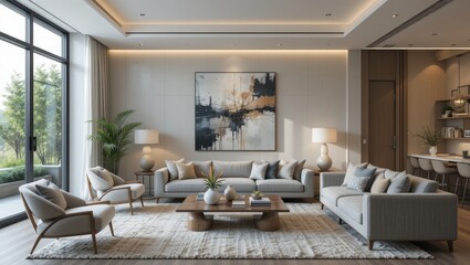 Elegant Modern Living Room Interior with Natural Light and Cozy Furniture in Contemporary Design