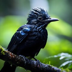 A black bird perches on a branch with green foliage in the background.