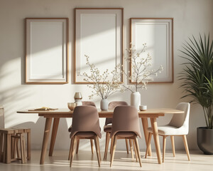 Fototapeta premium minimalist dining room setting featuring a wooden table light-colored chairs and simple decor