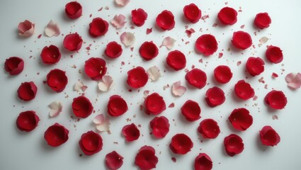 Scattered Red and Pink Flower Petals on a Soft White Background Creating a Decorative Floral Arrangement
