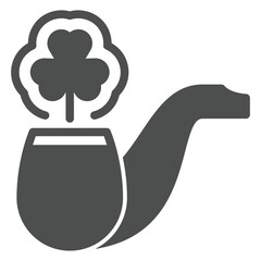 Tobacco pipe tube with smoke solid icon, saimt Patrick day concept. Vector graphics. Smoking wooden stick with clover sign on white background, outline style icon for mobile or web design.