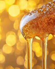 A macro close-up of golden honey dripping from a wooden honey dipper, illuminated by warm, natural light. 