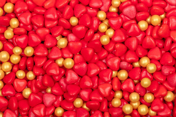 Red Heart-Shaped Candy and Silver Dragées Background - Valentine's Day Decorative Sprinkles Pattern for Baking and Confectionery Photography