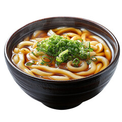 A Bowl of Japanese Udon Thick Wheat Noodles Served with Soup and Vegetables Isolated on Transparent Background